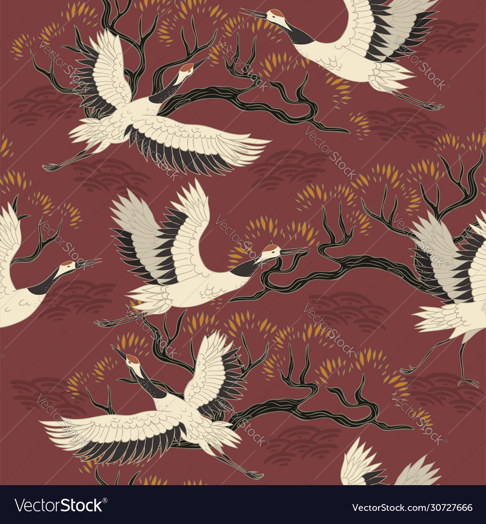 Seamless pattern with cranes birds and trees