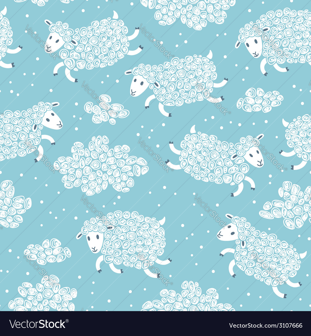 Seamless pattern with cute sheep and clouds