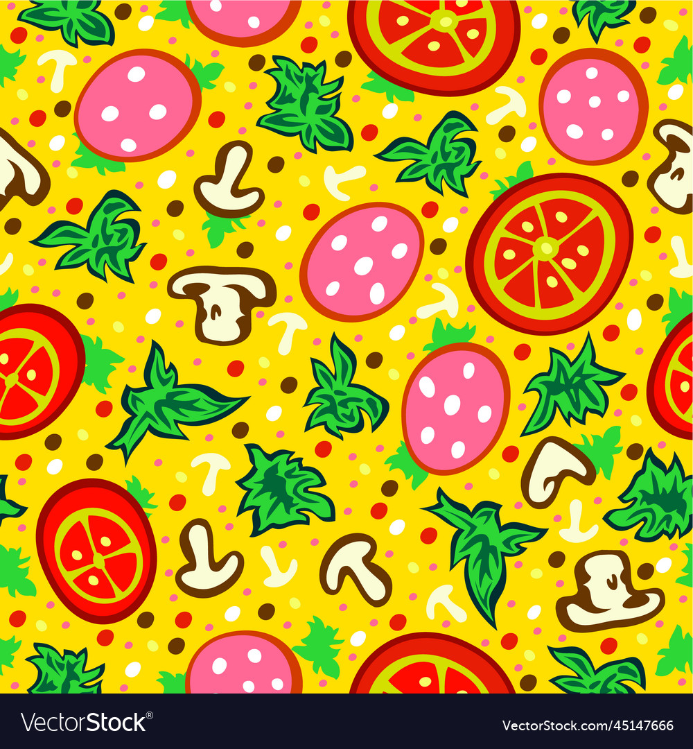 Seamless pattern with various ingredients of pizza