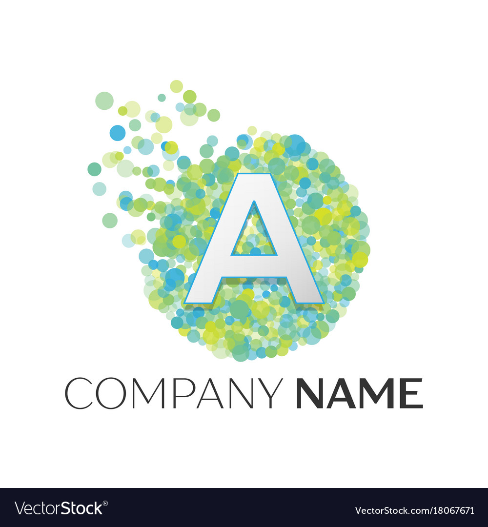 Letter a logo blue green yellow particles