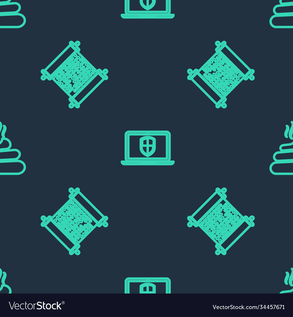 Set line laptop with shield paper scroll and shit