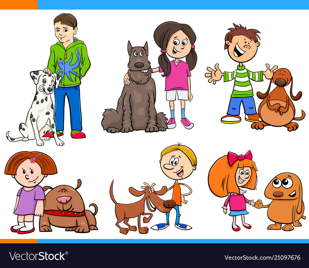 Children With Dogs Cartoon Collection Royalty Free Vector