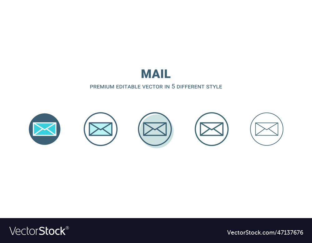 Mail icon in 5 different style outline filled two vector image Mail icon in 5 different style outline filled two