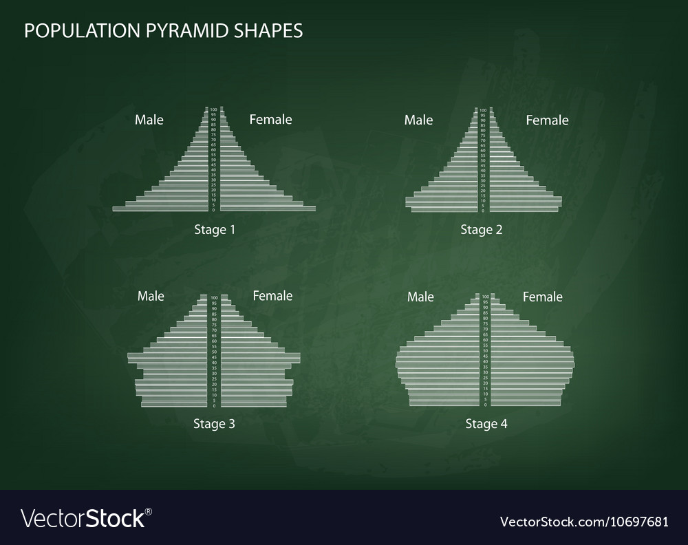 Four types of population pyramids on chalkboard