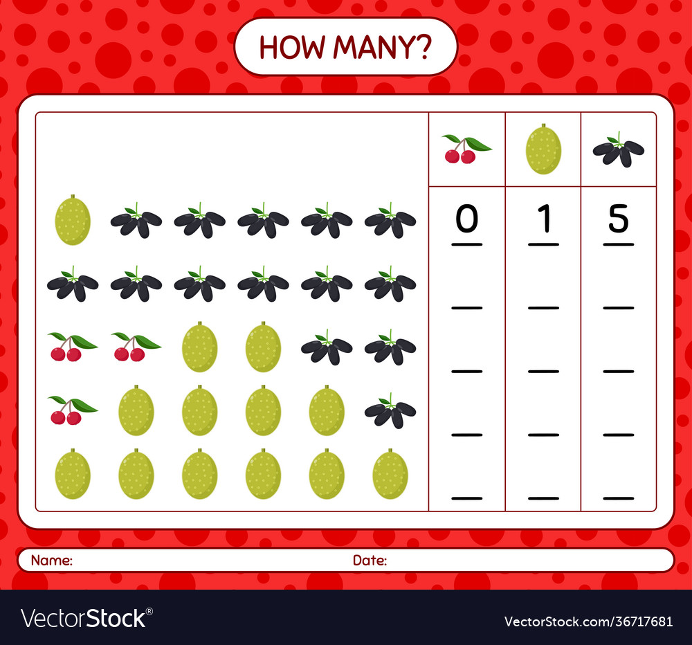 How many counting game with fruit worksheet vector image How many counting game with fruit worksheet