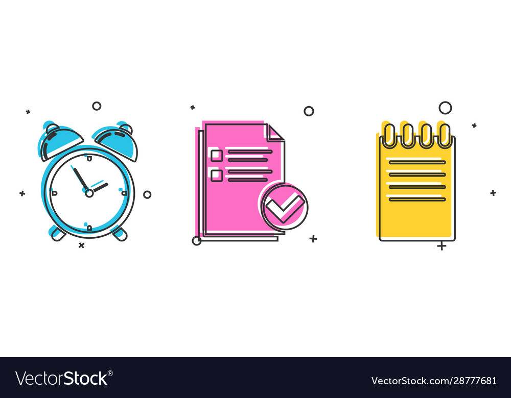 Set alarm clock document and check mark vector image Set alarm clock document and check mark