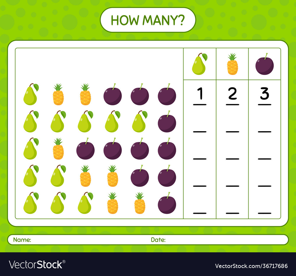 How many counting game with fruit worksheet vector image How many counting game with fruit worksheet