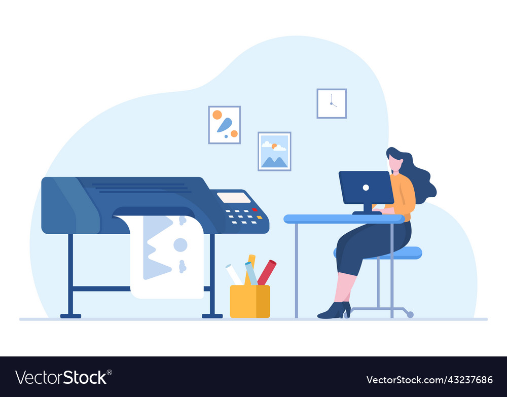 Print shop with production process at printing vector image Print shop with production process at printing