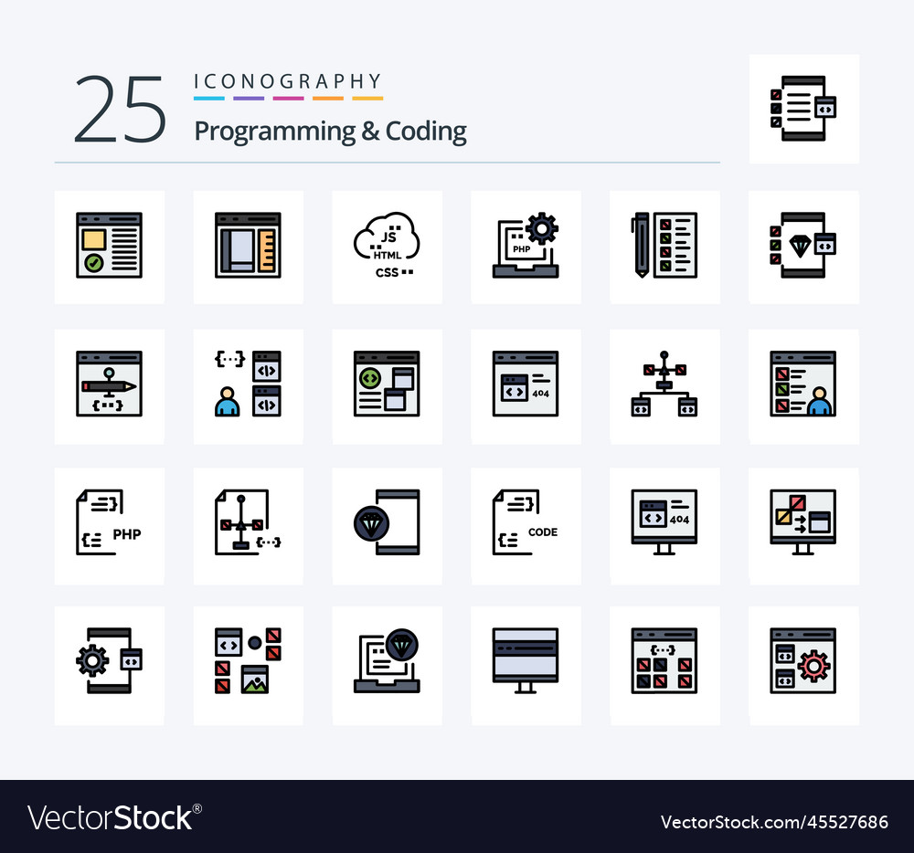 Programming and coding 25 line filled icon pack