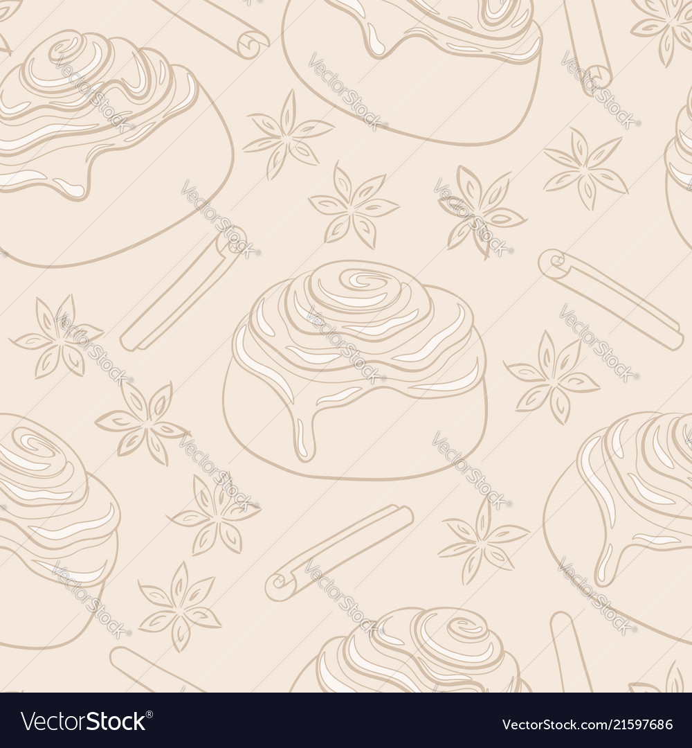 Seamless pattern with cinnamon rolls and spices vector image Seamless pattern with cinnamon rolls and spices