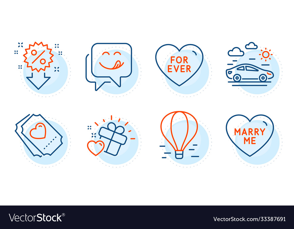 Discount air balloon and love ticket icons set