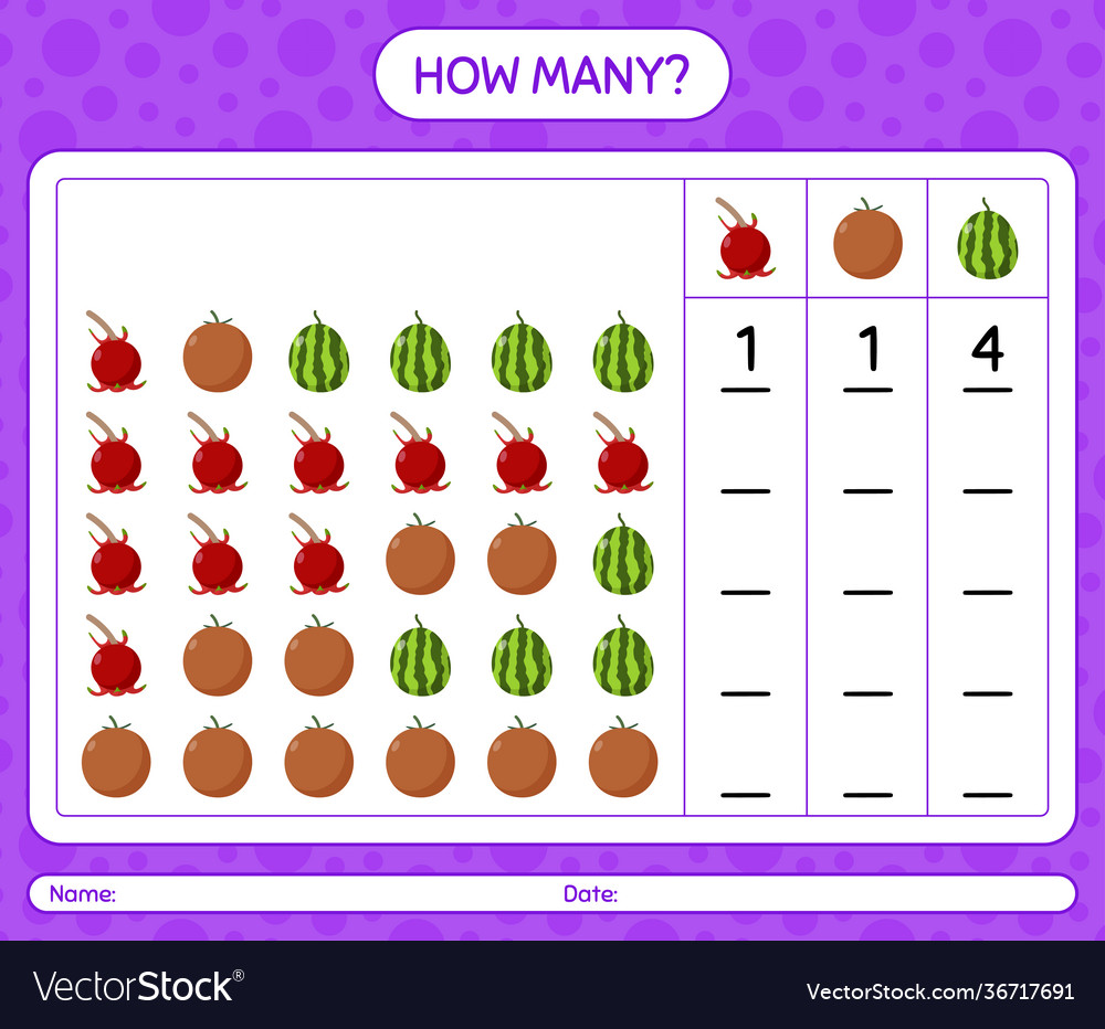 How many counting game with fruit worksheet vector image How many counting game with fruit worksheet
