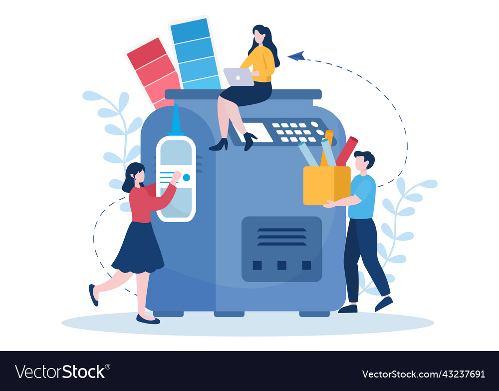 Print shop with production process at printing vector image Print shop with production process at printing