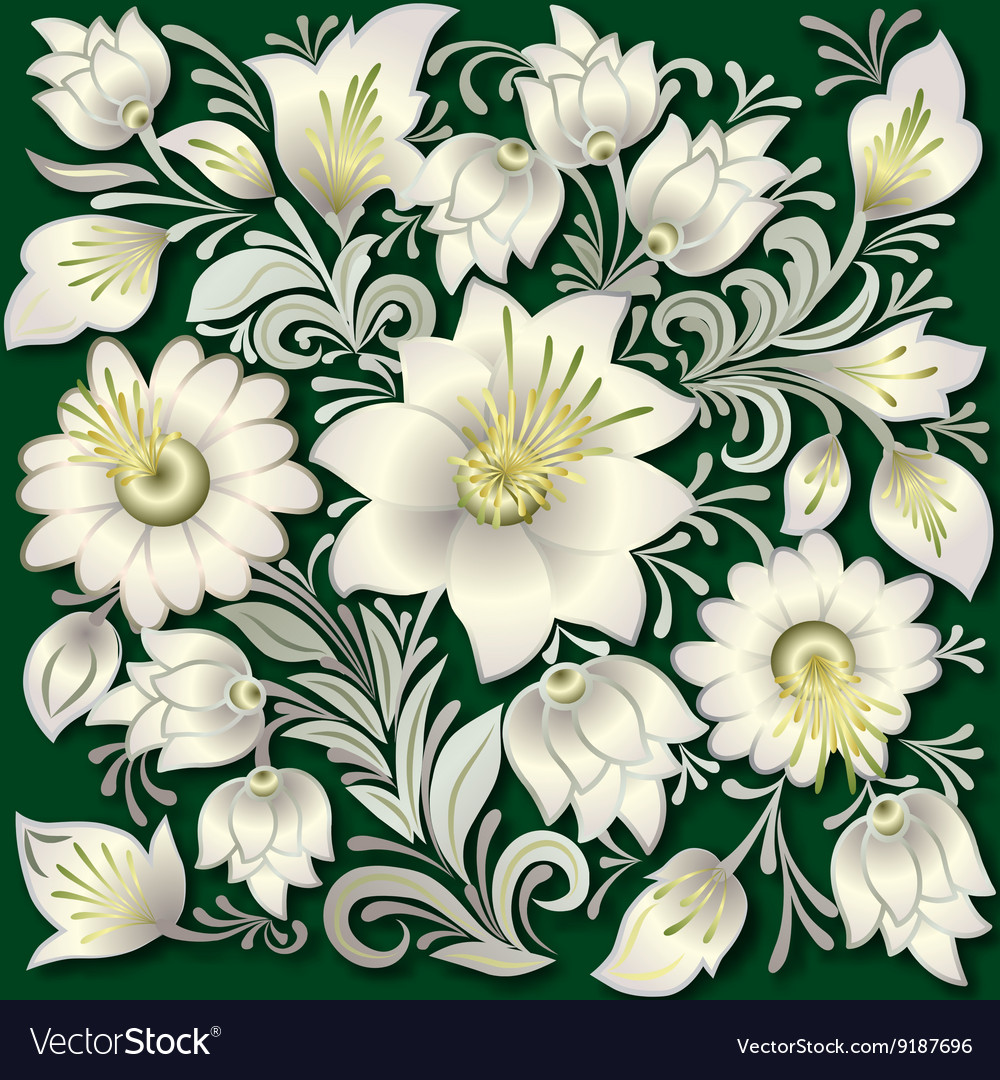 Abstract silver floral ornament on dark green Vector Image
