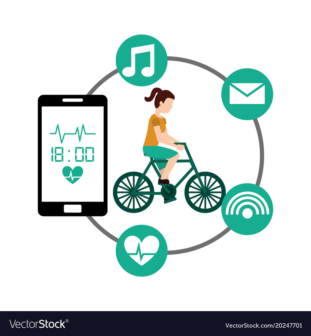 Cartoon Frau Reiten Fahrrad Sport Smartphone Herz