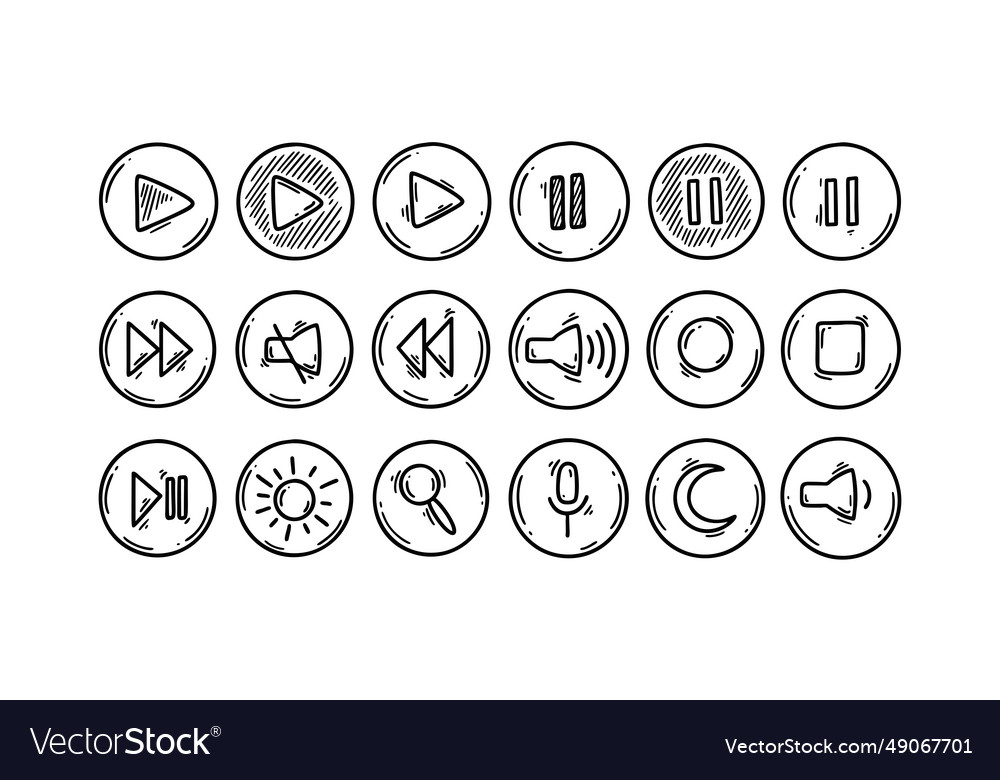 Doodle media and video interface circle buttons vector image Doodle media and video interface circle buttons
