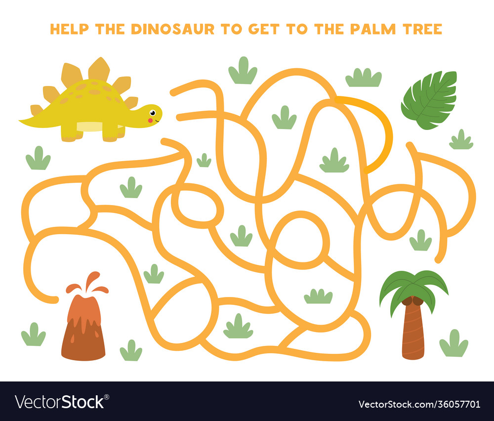 Maze with cartoon dinosaur and palm tree logical