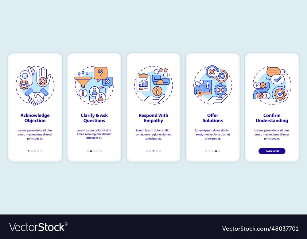 Objection handling process onboarding mobile app vector image Objection handling process onboarding mobile app