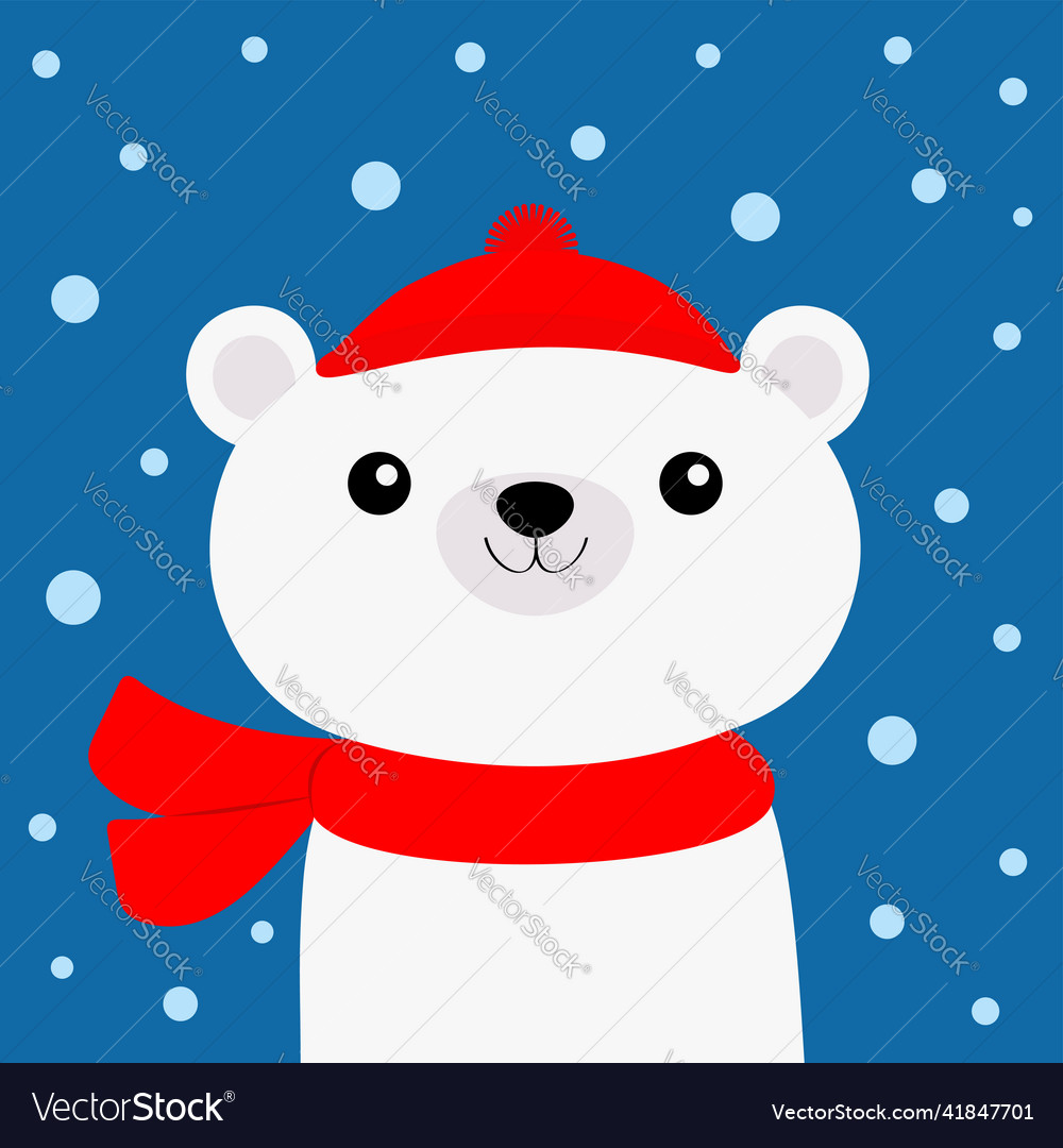 Polar white bear cub face in red santa hat scarf