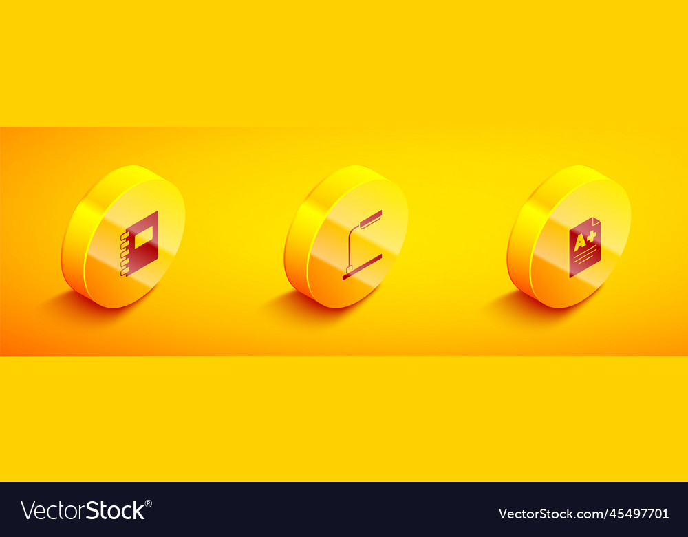 Set isometric spiral notebook table lamp and exam vector image Set isometric spiral notebook table lamp and exam