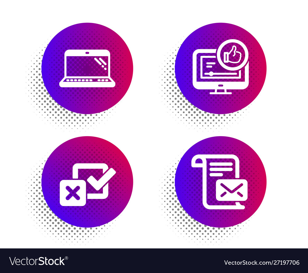 Laptop checkbox and like video icons set mail vector image Laptop checkbox and like video icons set mail