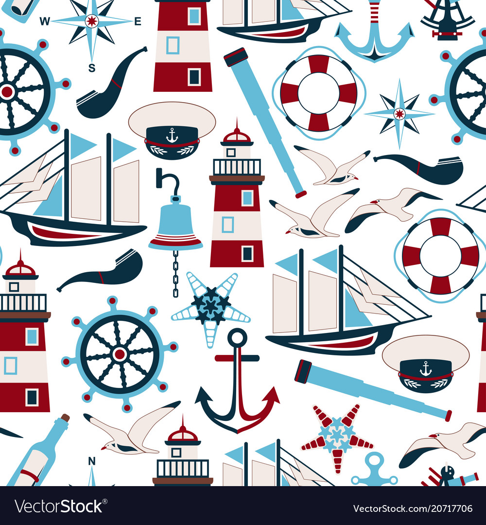 Seamless pattern of nautical design elements vector image Seamless pattern of nautical design elements