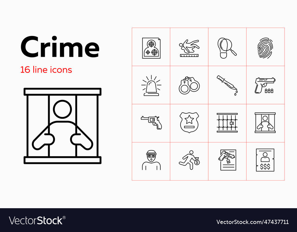 Crime line icon set prisoner robber gun law Vector Image