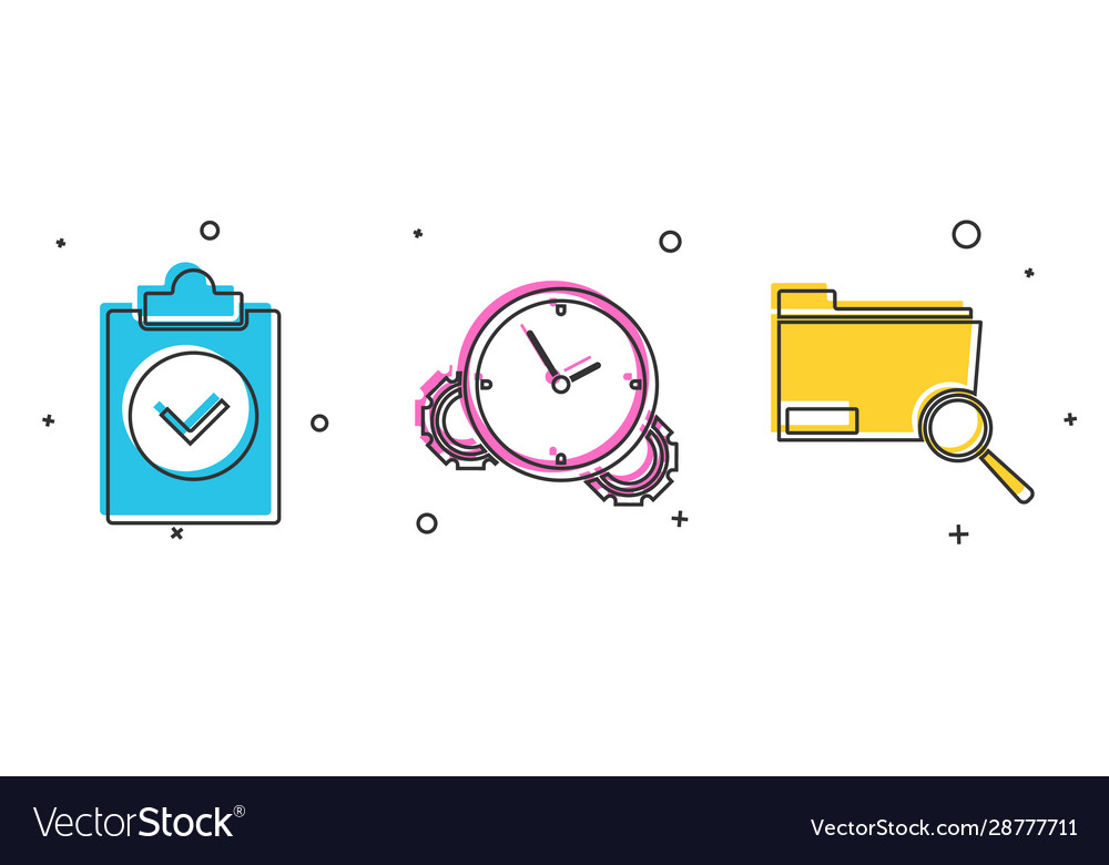 Set completed task time management and search vector image Set completed task time management and search