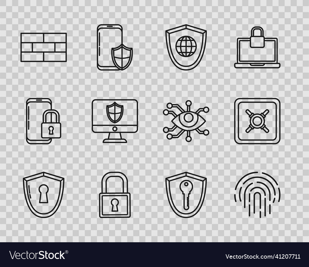 Set line shield with keyhole fingerprint world vector image Set line shield with keyhole fingerprint world