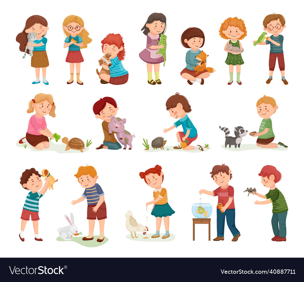 Set of children with their pets Royalty Free Vector Image