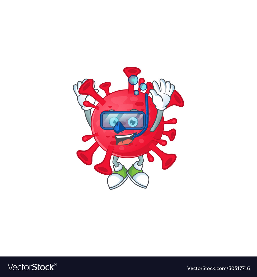 A cartoon coronavirus amoeba trying diving glasses