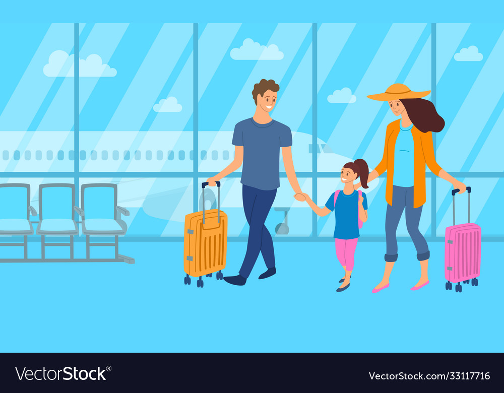 Cartoon color characters people family in airport Vector Image