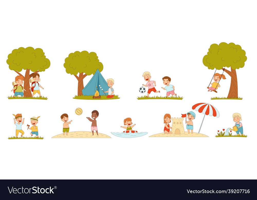 Children enjoying summer camping and playing ball