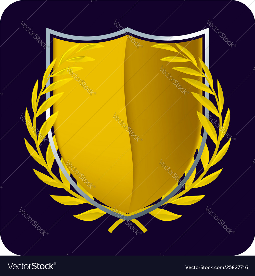 Gold shield with golden laurel wreath isolated