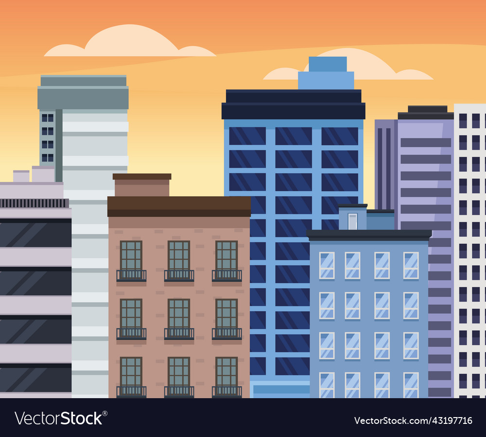 Seven city buildings scene Royalty Free Vector Image