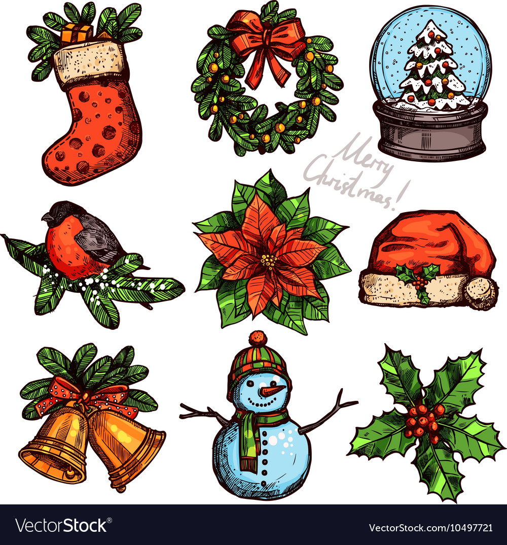 Christmas color sketch collection of attributes