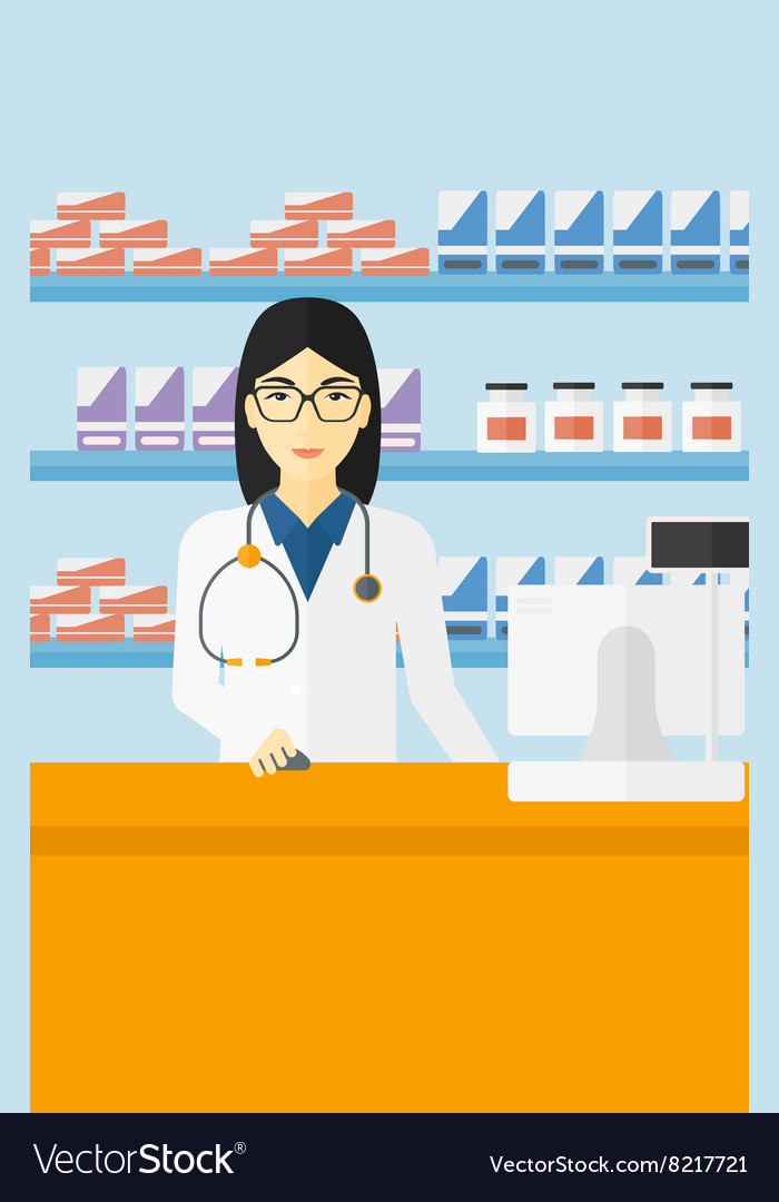 Pharmacist at counter with cash box Royalty Free Vector