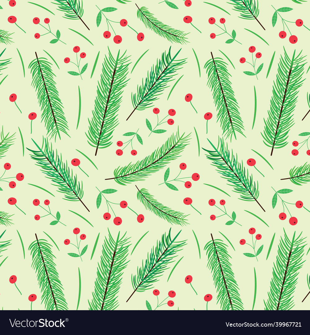 Pine branches and red berries seamless pattern