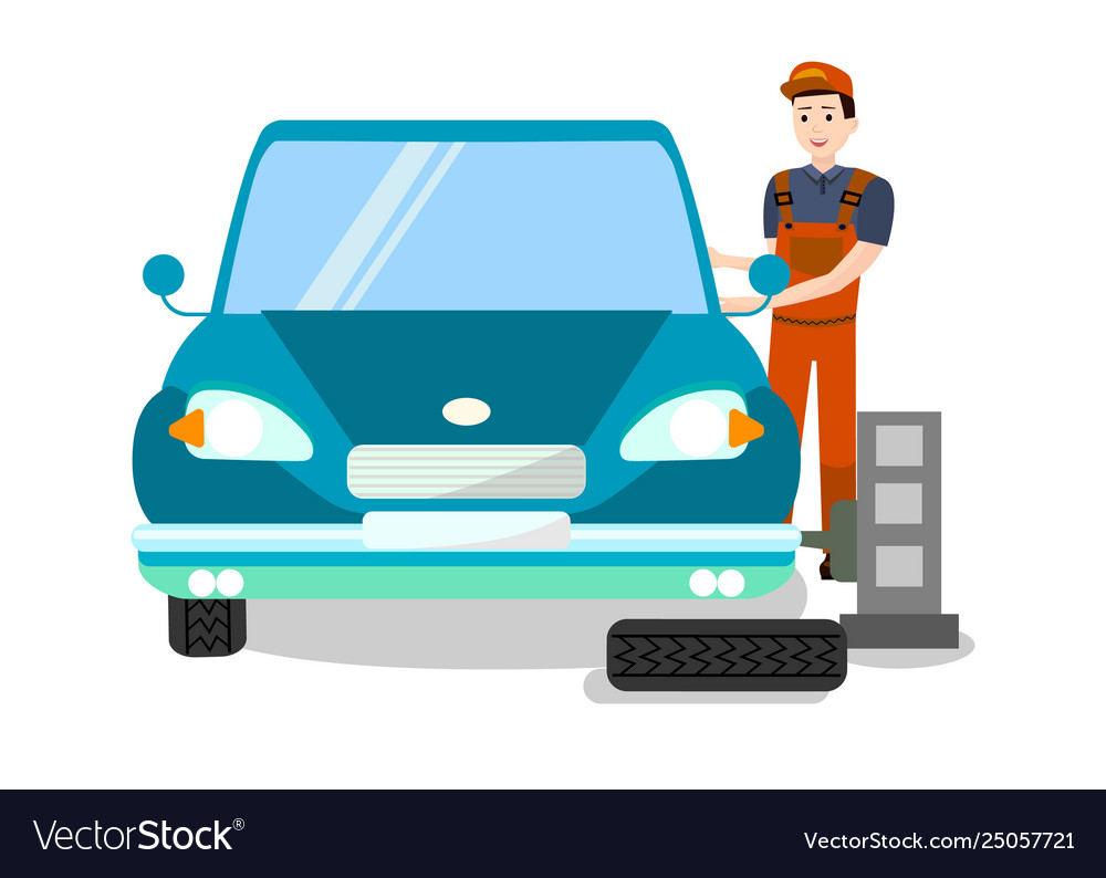 Tire fitting expert at work flat Royalty Free Vector Image