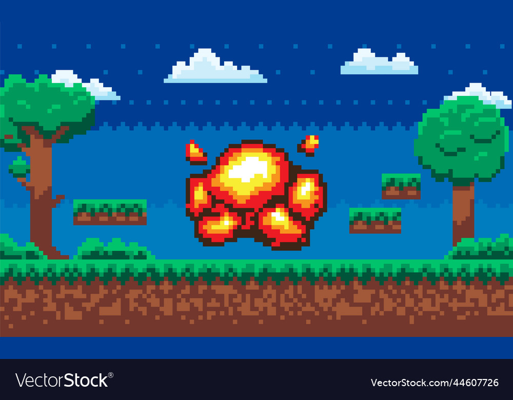 Pixel game scene with danger explosive substance vector image Pixel game scene with danger explosive substance