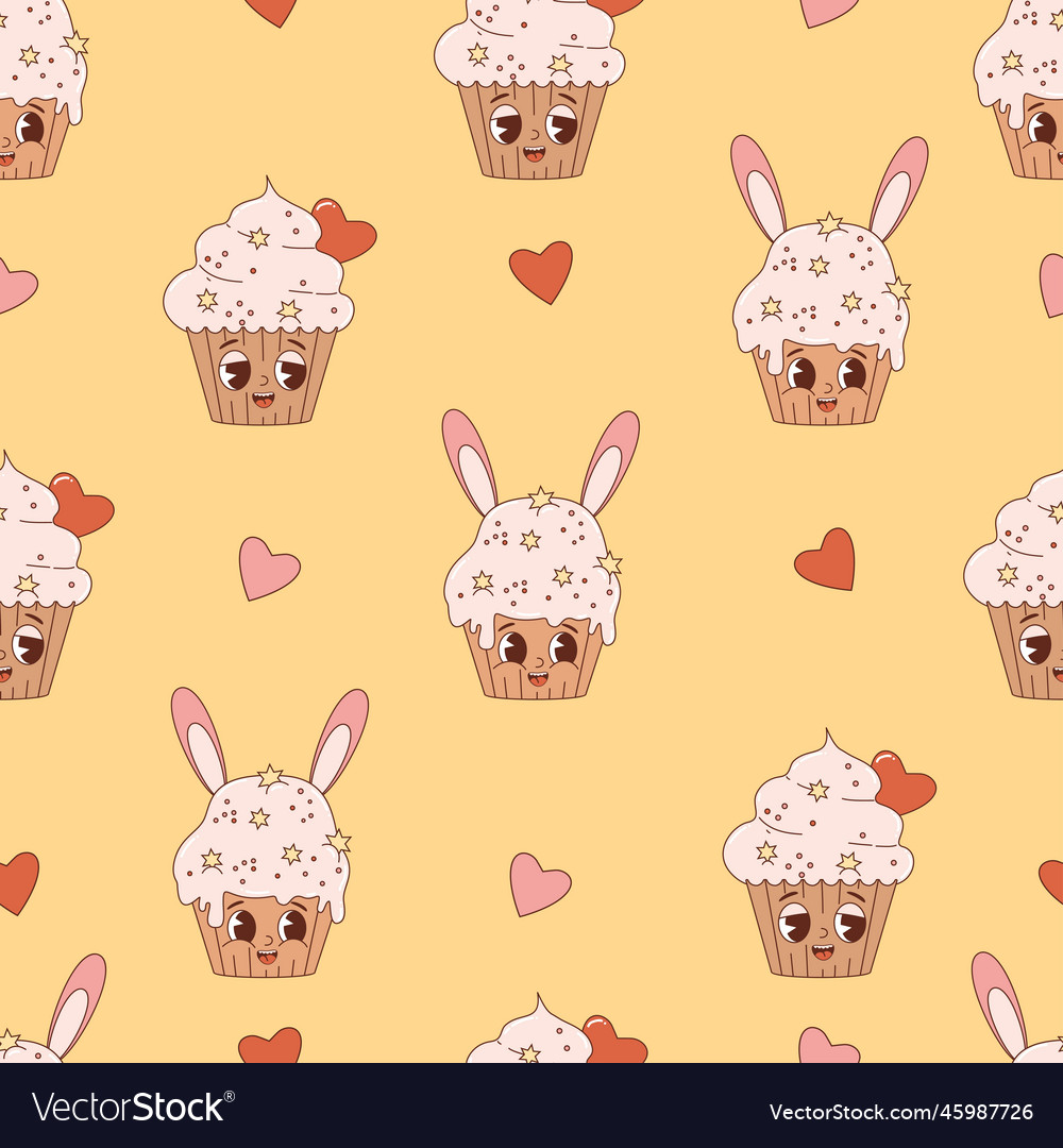 Retro seamless pattern happy characters cakes vector image Retro seamless pattern happy characters cakes