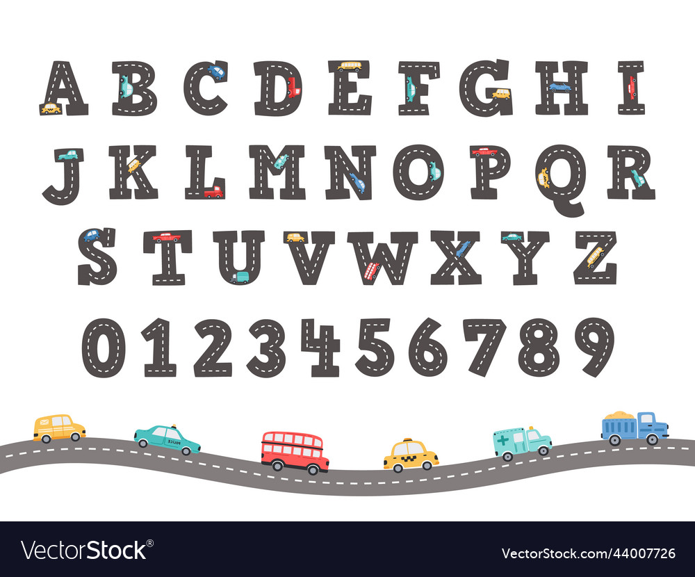 Road alphabet funny letters and numbers with hand vector image Road alphabet funny letters and numbers with hand