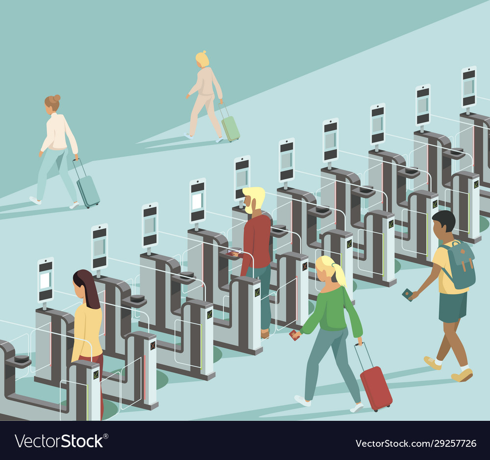 Travellers pass through automated gates