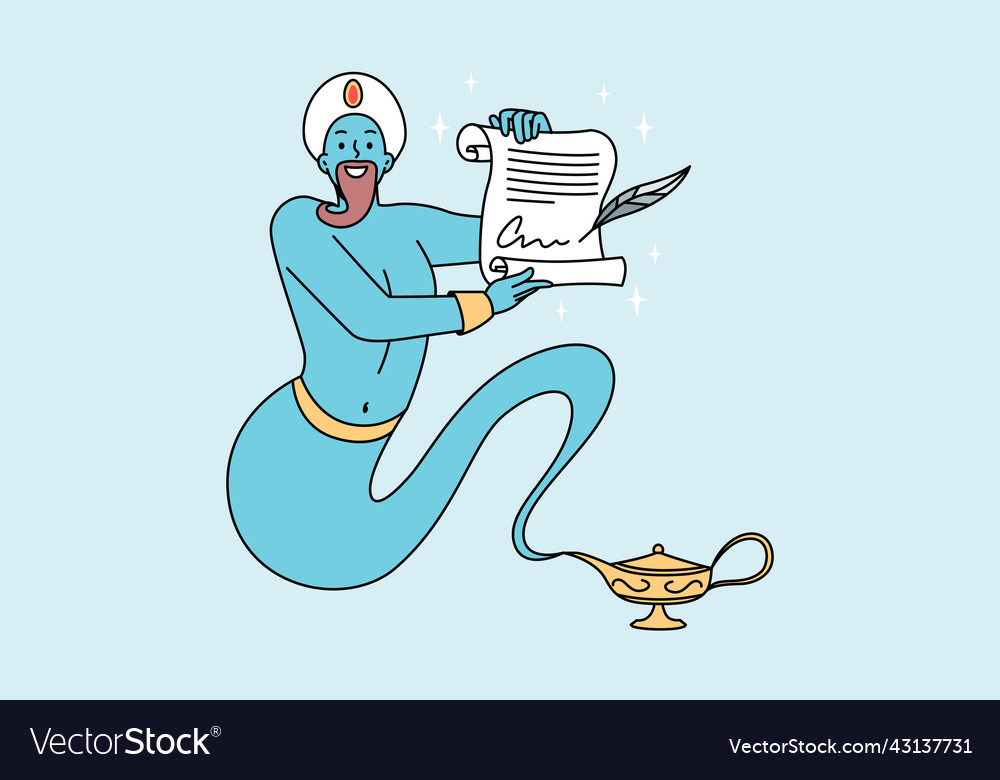 Blue genie granting wishes Royalty Free Vector Image
