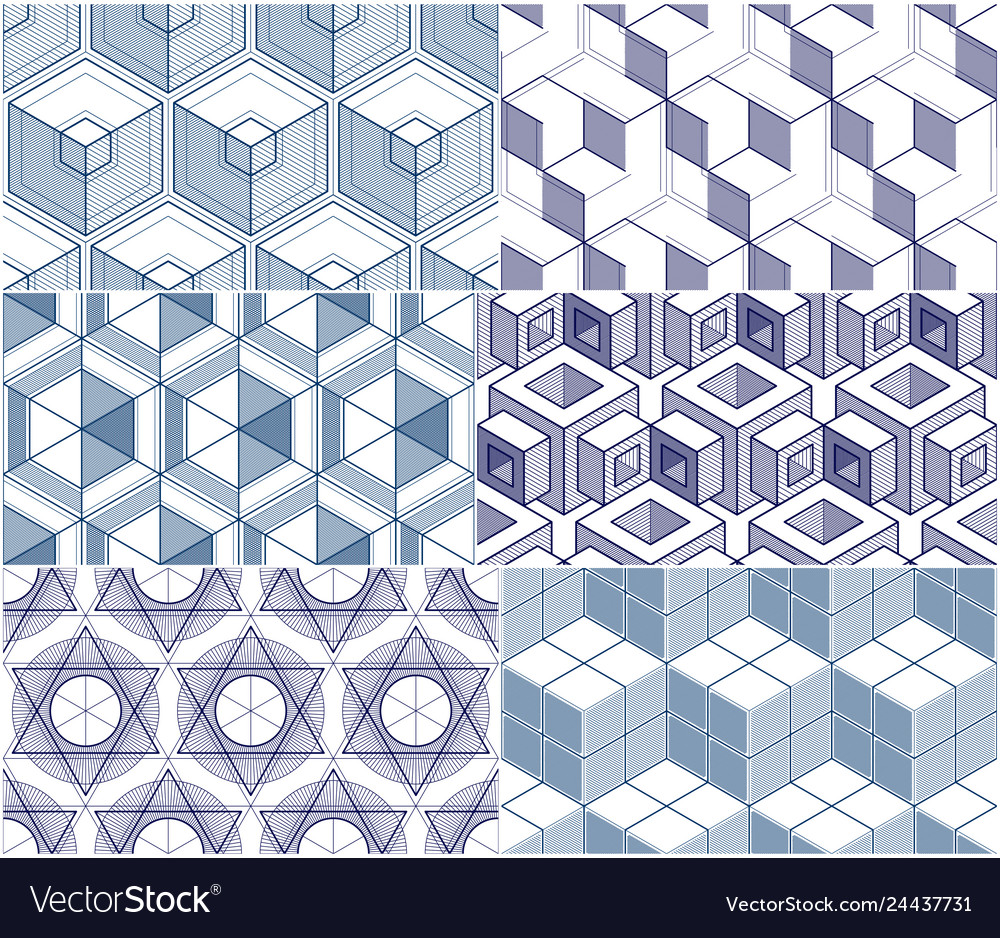 Geometric 3d lines abstract seamless patterns set vector image Geometric 3d lines abstract seamless patterns set