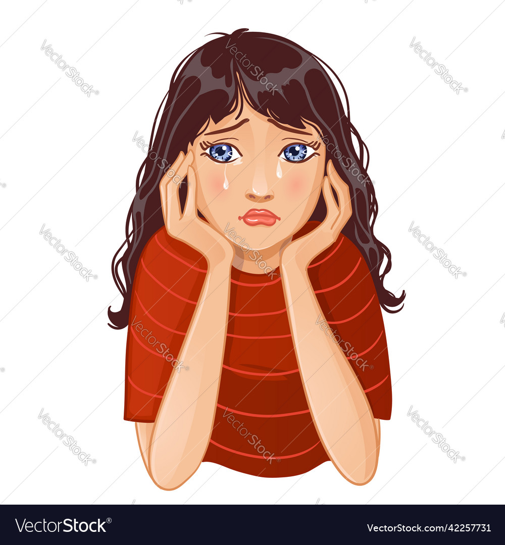 Sad crying cartoon girl in red blouse Royalty Free Vector