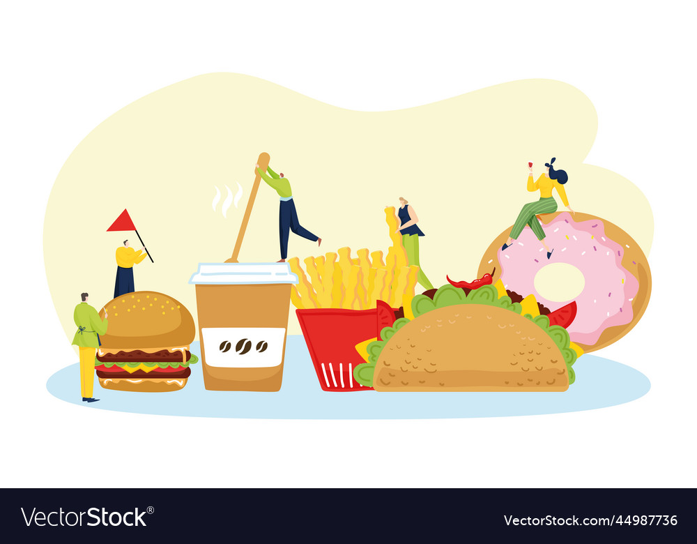 Fast food tiny people character together eat vector image Fast food tiny people character together eat
