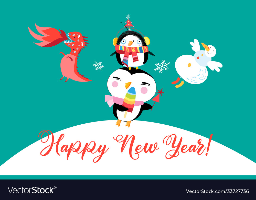 New year greeting card with funny penguins