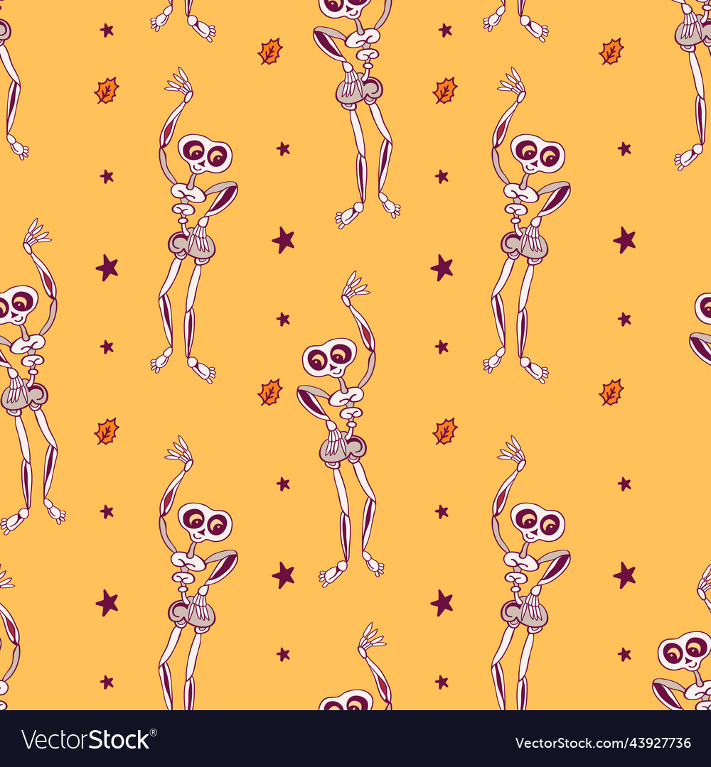 Seamless pattern with skeletons dancing at a party vector image Seamless pattern with skeletons dancing at a party