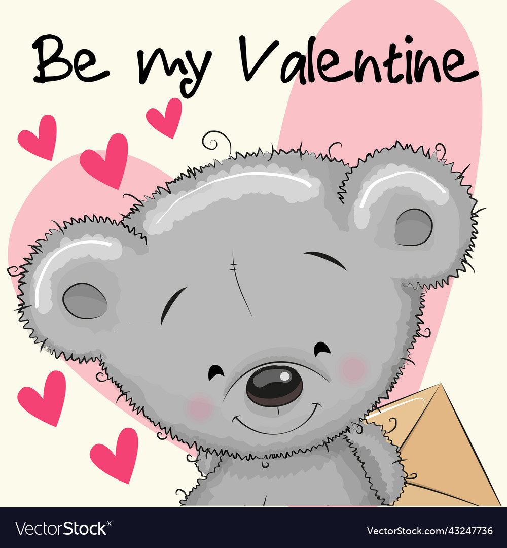 Valentine card with cute cartoon teddy bear